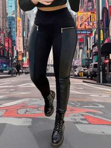 女士纯色高腰裤，日常休闲撞色仿皮紧身裤，带拉链口袋，女士服装