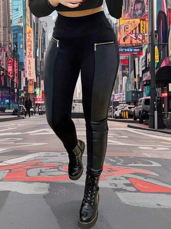 女士纯色高腰裤，日常休闲撞色仿皮紧身裤，带拉链口袋，女士服装