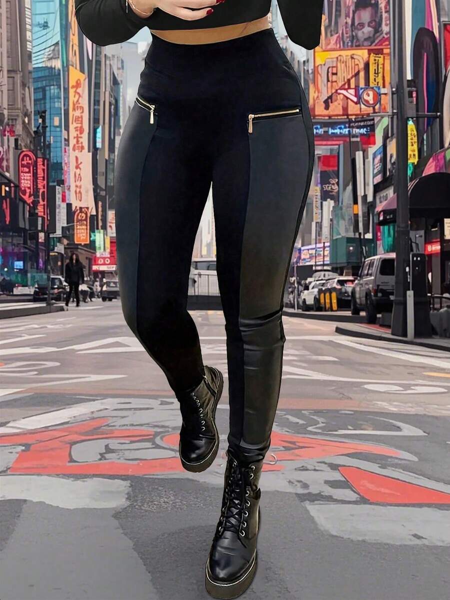 女士纯色高腰裤，日常休闲撞色仿皮紧身裤，带拉链口袋，女士服装