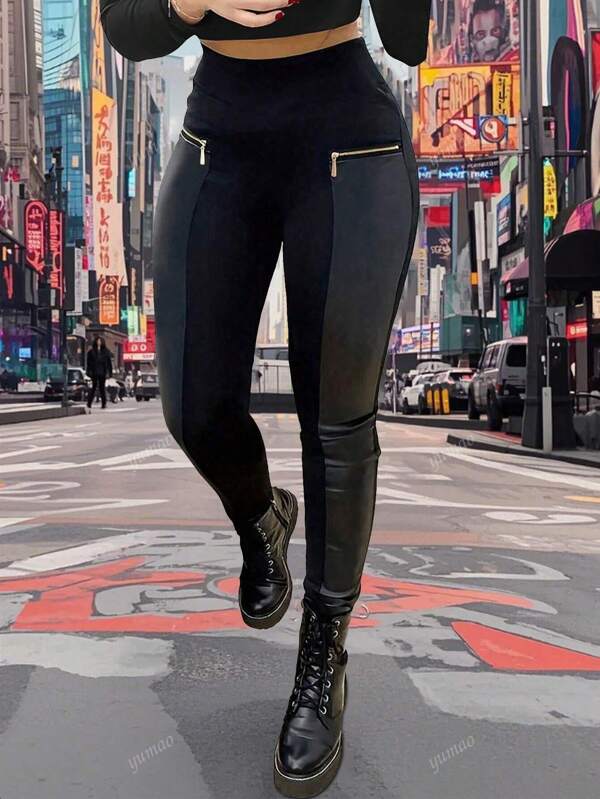 Women's Solid High Waist Pants, Daily Casual Contrast Faux Leather Leggings With Zipper Pockets, Women's Clothing