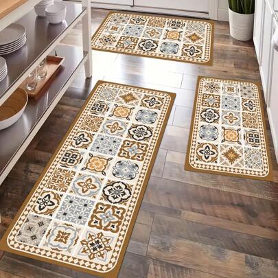 1 pieza Alfombra antideslizante y resistente al aceite para decoración del hogar, diseño de baldosas bohemio - Rectangular, impermeable, fácil de limpiar para sala de estar, dormitorio, pasillo, baño, lavandería - Alfombra de poliéster para decoración interior y exterior del hogar