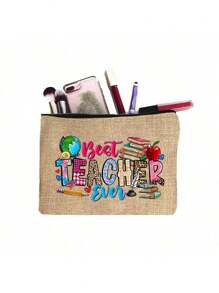 Bolsa de maquillaje con estampado de "Maestro" como regalo de aprecio al maestro, monedero de lino caqui, bolsa de cosméticos con forro y sin cierre - perfecto para educadores y personal escolar, regalo de agradecimiento al maestro, accesorios casuales y elegantes para salidas, vacaciones, viajes diarios, bolsa de cosméticos, regalo de cumpleaños para mamá, amiga