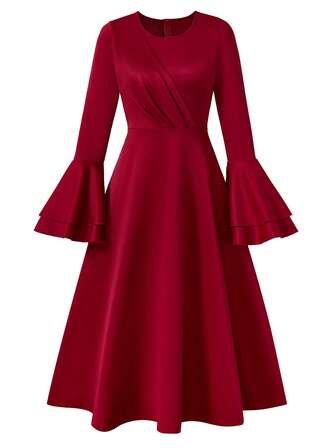 【上衣】优雅红色喇叭袖连衣裙，女士长款礼服，欧美跨境零售，时尚腰部设计，经典长袖，派对和正式场合必备，网购，全球发货，女装，春季新品，修身，优雅气质，跨境电商