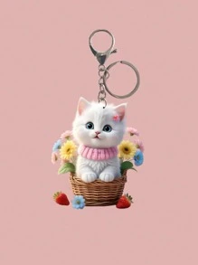 1 pieza Llavero de acrílico decorativo con diseño de gato y flor en estilo casual y adorable, accesorio encantador para mochila, colgar en el auto, accesorios de auto para todas las temporadas, bolso, regalo