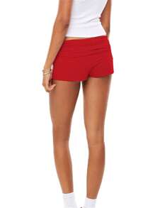Women Y2k Mini Shorts Ruched Flod Over Low Rise Shorts Casual Booty Shorts Foldover Cute Pajama Micro Bottoms Stretchy Lounge PJs Sleep Shorts Summer Streetwear Aesthetic Clothes - Red - View 4
