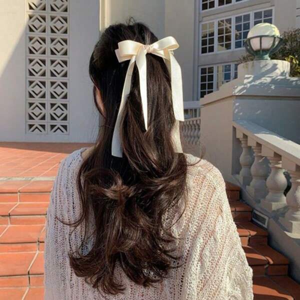 1 pezzo di fiocchi per capelli in seta raso, eleganti fermagli per capelli in tessuto vintage, fermagli a coccodrillo con lunghe code, accessori per capelli con fiocco in colore unito