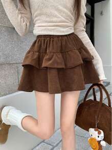 Corduroy Skirt With Tiered Ruffle Design - 咖啡棕 - 查看 3