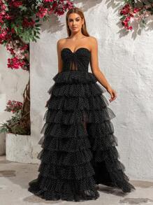 Strapless Polka Dot Mesh Princess Cake Dress Evening Gown, Party Dress, Wedding Guest Dress, Prom Dress