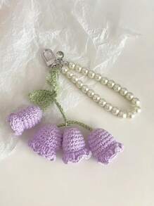 1pc Handmade Crochet Lily Of The Valley Keychain With Pearl Chain, Boho Style Bag Charm, Decorative Pendant For Backpacks Or Bags, Unique Birthday Gift Or Party Favor, 22cm (8.66 Inches) Length, Floral Design In Pastel Colors, Crochet Flowers - Multicolor - View 10