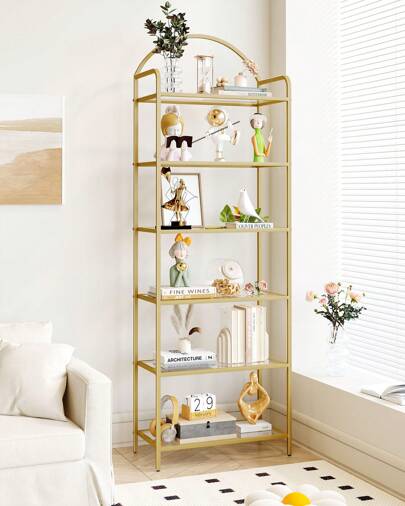 HEXCELEN 5 Tier Bookcase Bookshelf, Tempered Glass Bookshelves, Slim Shelving Unit For Bedroom, Bathroom, Home Office, Steel Frame