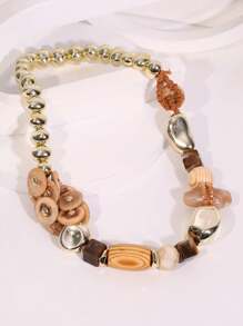 1pc Natural Wood & Coconut Shell Beaded Necklace, Casual Fashion Accessory For Women, Suitable For Beach, Daily Wear - Coffee - View 15