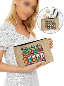Bolsa de maquillaje con estampado de "Maestro" como regalo de aprecio al maestro, monedero de lino caqui, bolsa de cosméticos con forro y sin cierre - perfecto para educadores y personal escolar, regalo de agradecimiento al maestro, accesorios casuales y elegantes para salidas, vacaciones, viajes diarios, bolsa de cosméticos, regalo de cumpleaños para mamá, amiga