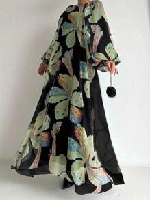 Vestido elegante y modesto con cuello redondo, mangas farol y estampado floral para mujer