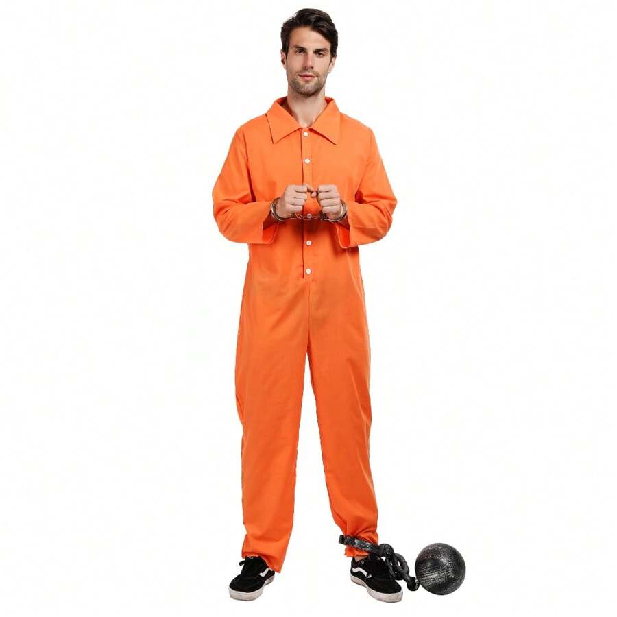 Orange Prisoner Jumpsuit Prison Bird Costume Men's Adult Halloween Prisoner Jumpsuit - A - Xem 1