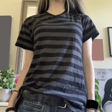 Women's Y2K Summer Casual Striped Tops Short Sleeve Round Neck Loose Fit Streetwear T-Shirt - Dusty Blue - View 2