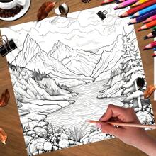Creative Coloring Book With Mountains And Rivers As The Theme, 20 Pages 7.9X7.9 Inches Adult Coloring Book, Beautifully Designed, Improves Concentration And Keeps Away From Mobile Phones, Relieves Stress And Inspires Creativity, And Is An Original Gift For Holiday Birthday Parties. - A - View 6