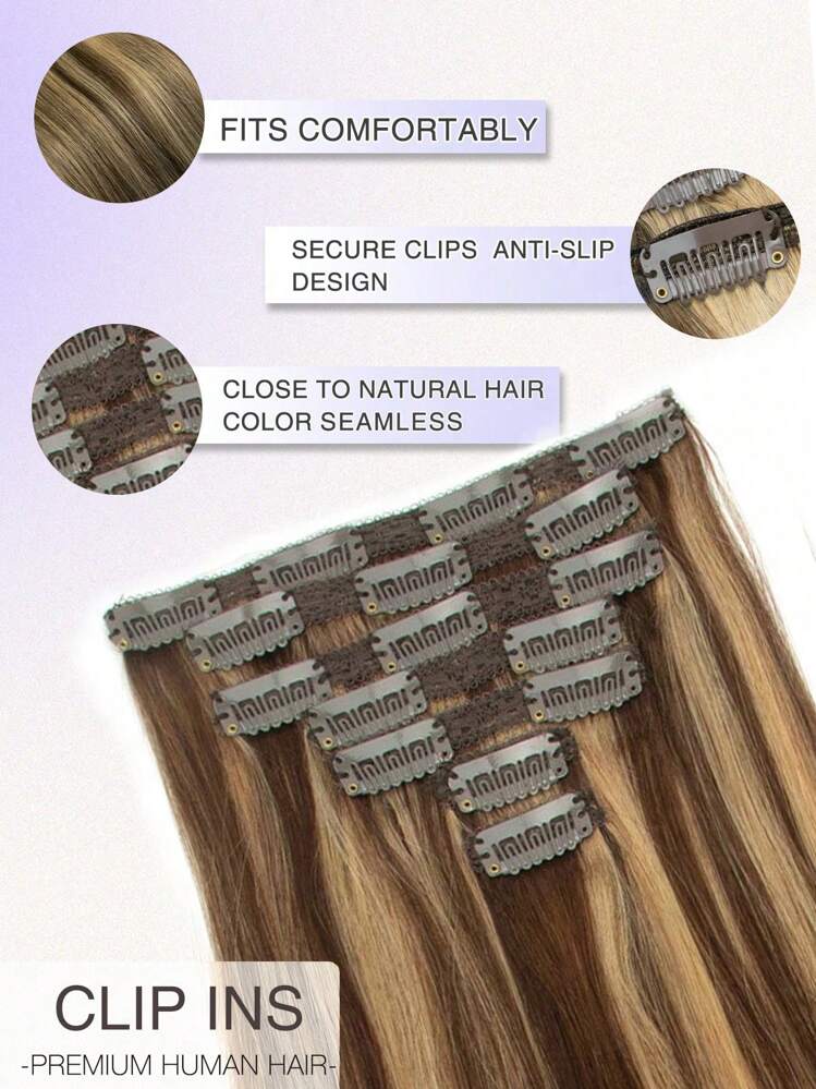 7pcs Clip-In Hair Extensions, Real Human Hair, Color 4/27 Chocolate Brown To Caramel Blonde, 14-22 Inch Straight, Remy Human Hair Clip-In Extensions, Seamless Clip-In Hair Pieces - S4/27 - View 4