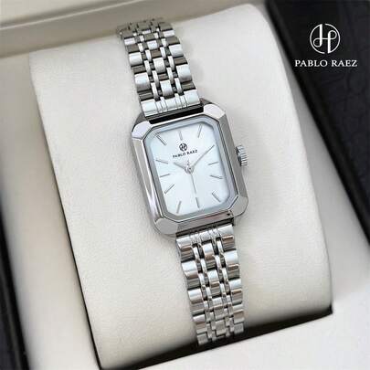 Pablo Raez 1件银色优雅女士腕表，长方形复古IPS镀层奢华女士正装腕表，不锈钢方形表壳，顶级全新AAA石英复古腕表，商务梦幻女士时尚白色表盘，带真实条形刻度