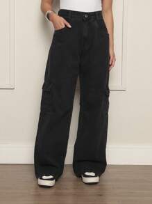 Women's Black Cargo Jeans With Pocket - 黑色 - 查看 2