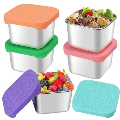 5 件 6 盎司不锈钢零食盒，带硅胶盖的小型金属食品储存容器，防漏零食/午餐盒，适用于办公室、旅行