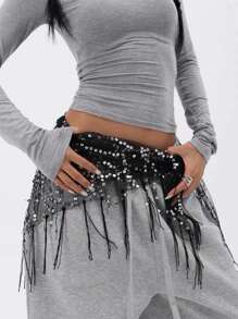 1 件女士舞蹈腰链臀巾，爵士舞肚皮舞表演腰巾，亮片流苏三角巾腰链腰裙，腰部装饰带，适合爵士舞和肚皮舞表演臀巾，亮片流苏三角装饰带夏季，学校秋季，秋季，万圣节 - 彩色 - 查看 2