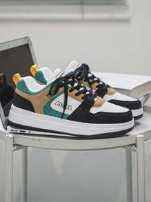 Men's Fashionable Colorblock Letter Lace-Up Low-Top Thick Sole Sneakers, & Personalized For Youth Outdoor Lightweight Comfortable Casual Skate Shoes