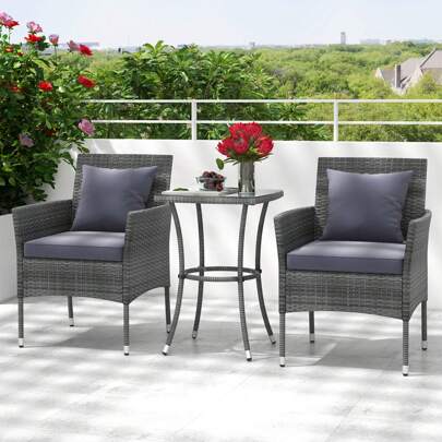 3-Piece Patio Furniture Set PE Wicker Conversation Bistro Set W/ A Tempered Glass Table