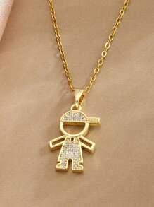 Colar infantil moderno com pingente banhado a ouro, zircônia cúbica e corrente de aço inoxidável. Ideal para meninos e meninas. Perfeito para uso diário. - Ouro - Ver 2