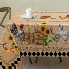 1pc Vintage Farm Theme Tablecloth With Rooster, Chicks, Sunflower Pattern In Rectangular Farmhouse Style, Suitable For Daily Use In Kitchen, Dining Room, Patio, Picnic, Garden, Indoor And Outdoor - Khaki - View 9