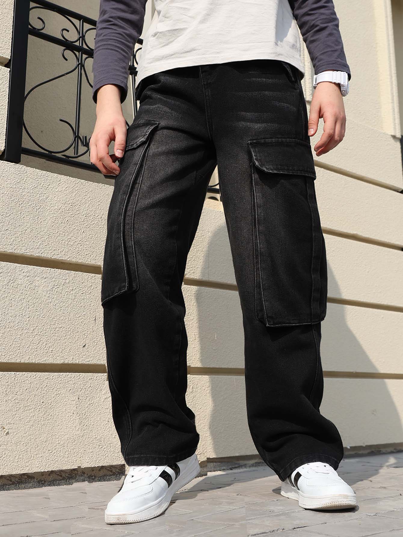 Teen Boys' Black American Style Denim Jeans, New Spring Teen Boy Washed Multi-Pocket Cargo Pants, Teen Boy Casual Straight Leg Trousers - Black - View 1