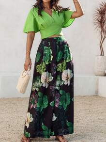 ChicMe Bộ đồ hai mảnh gồm áo cổ chữ V tay ngắn xếp ly, họa tiết hoa, quần ống rộng có túi, kiểu dáng thanh lịch, phù hợp cho kỳ nghỉ hè. - màu xanh lá - Xem 4