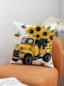 4pcs Sunflower & Bee Themed Pillow Covers, 17.7*17.7 Inch (Without Fillings), Fabric Home Decor Sofa Cushion Cover, For Home, Living Room, Holiday Decoration