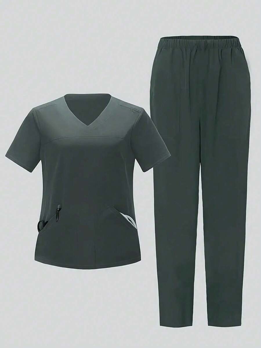 Women Solid Short Sleeve Plain Top And Long Pants Scrub Uniform Set - Green - View 1