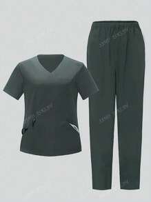 Ensemble de tenue de médical pour femmes avec Top à manches courtes unicolore et pantalon long