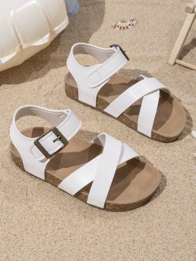 1 Pair Boys' Fashionable Soft Cork Sandals And 1 Pair Girls' Roman Style Sandals With Shoulder Strap Design, Breathable, Foot-Protecting, Non-Slip, Lightweight Soles, Summer