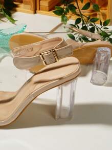 Women's Open Toe Transparent Sandals, Crystal Chunky Heel, Clear Slingback Sandals - Beige - View 6