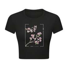 Women's Black Crop Top T-Shirt With Cherry Blossom Graphic Design - 黑色 - 查看 1
