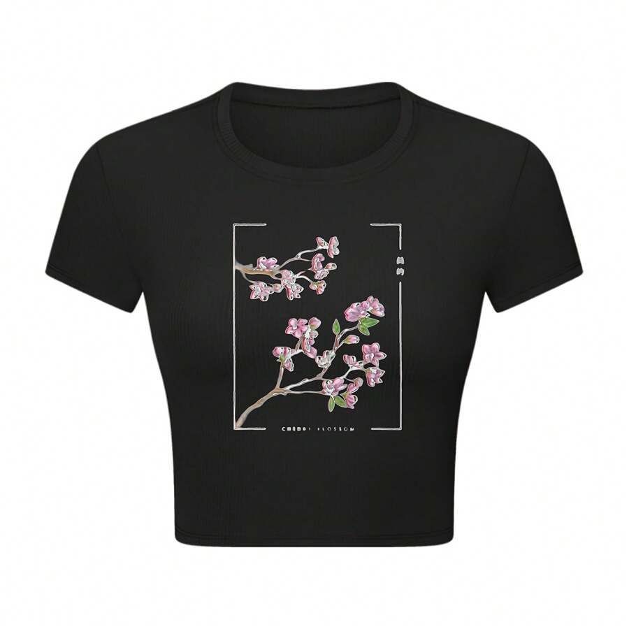 Women's Black Crop Top T-Shirt With Cherry Blossom Graphic Design - 黑色 - 查看 1
