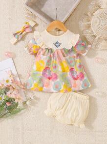2pcs Baby Girl Sweet Princess Outfit, Includes Shorts And Hair Accessory, Lightweight And Adorable
