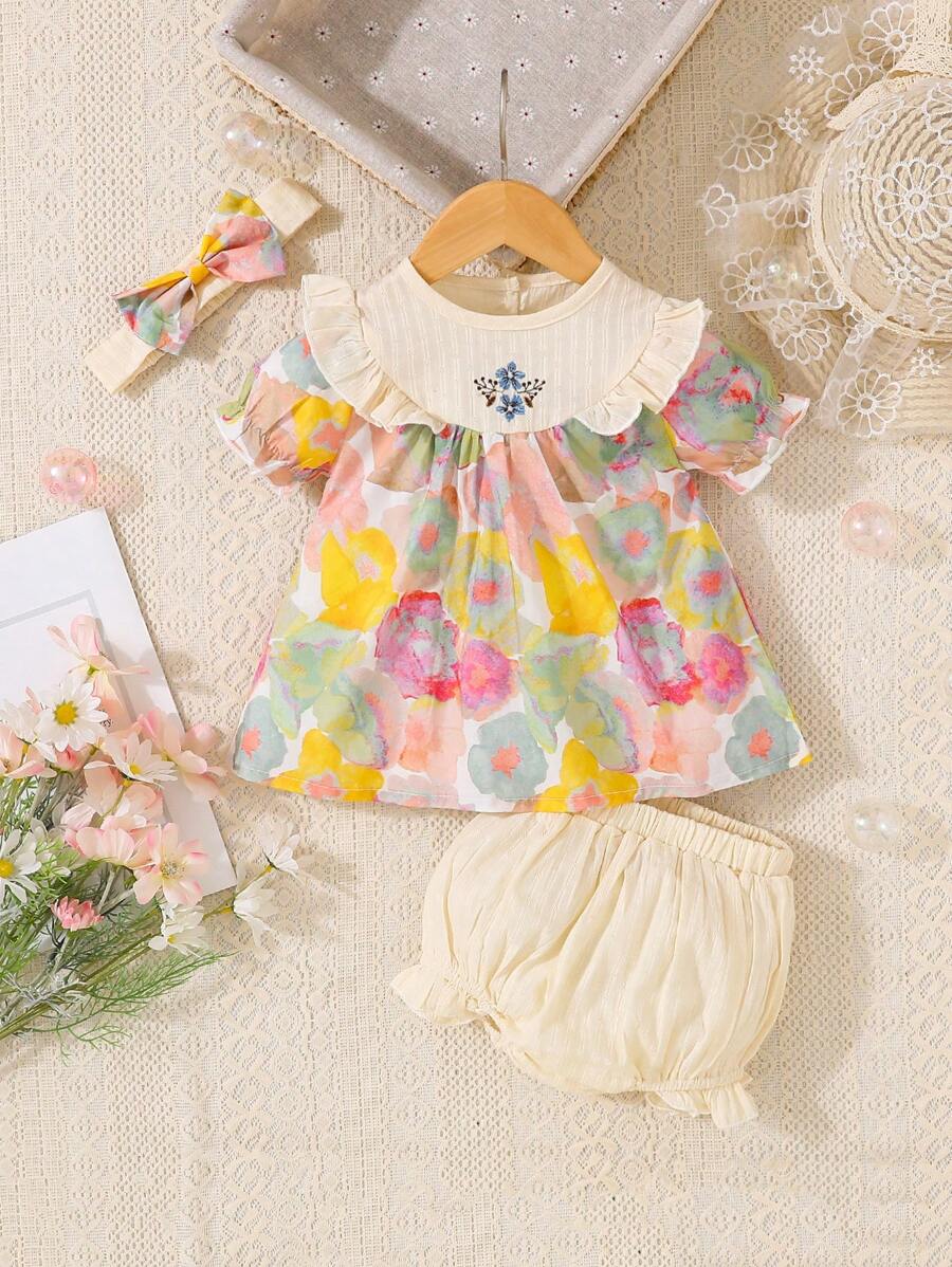 2pcs Baby Girl Sweet Princess Outfit, Includes Shorts And Hair Accessory, Lightweight And Adorable