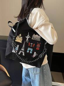 2025新款流行女士手提包，大容量通勤小众设计单肩斜挎包，休闲百搭简约时尚手提包，舒适尼龙面料拼色可调节长肩带，宽敞开口设计，适合秋冬季