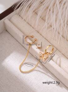 Nooxian 2pcs/Set Multi-Layer Cartilage Piercing Earring Set, Fashionable Butterfly Element C-Shaped Copper Ear Clip Linked Ear Cuff, Niche Cubic Zirconia Stud Earrings Set (No Gift Box) - Yellow Gold - View 7