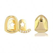 ¡Deslumbra y brilla! 2 piezas de grillz para dientes con tapa de circonita cúbica con estrella y diseño calado superior e inferior, joyería de moda para amantes de los hombres y mujeres