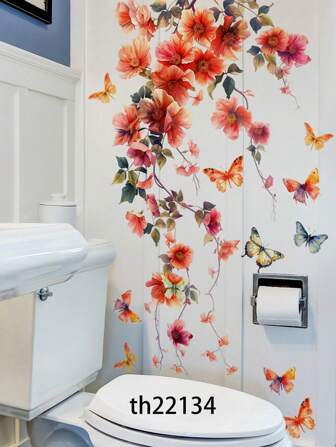1 pieza Pegatina de pared decorativa con patrón de flor, hoja y mariposa, pegatinas de pared con mariposa morada y floral, adhesivo de PVC autoadhesivo, calcomanía de vinilo para decoración del hogar, baño y gabinete, decoración de sofá del dormitorio, artículos de decoración de primavera para refrescar su hogar, pegatinas decorativas, pegatinas de decoración de Pascua - 30*60cm/11.81*23.62in Decoración de baño para el hogar Alfombra de piso de baño Decoración de otoño Accesorios de baño