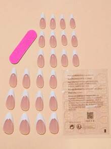 24 pièces Ongles de French manucure blancs minimalistes en forme d'amande de longueur moyenne, à poser, convient aux femmes et aux filles