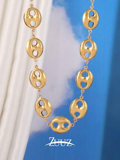 1pc Punk Vintage Stainless Steel Necklace For Women 18K Gold Plated Hollow Coffee Bean Chain Necklace For Daily Decoration