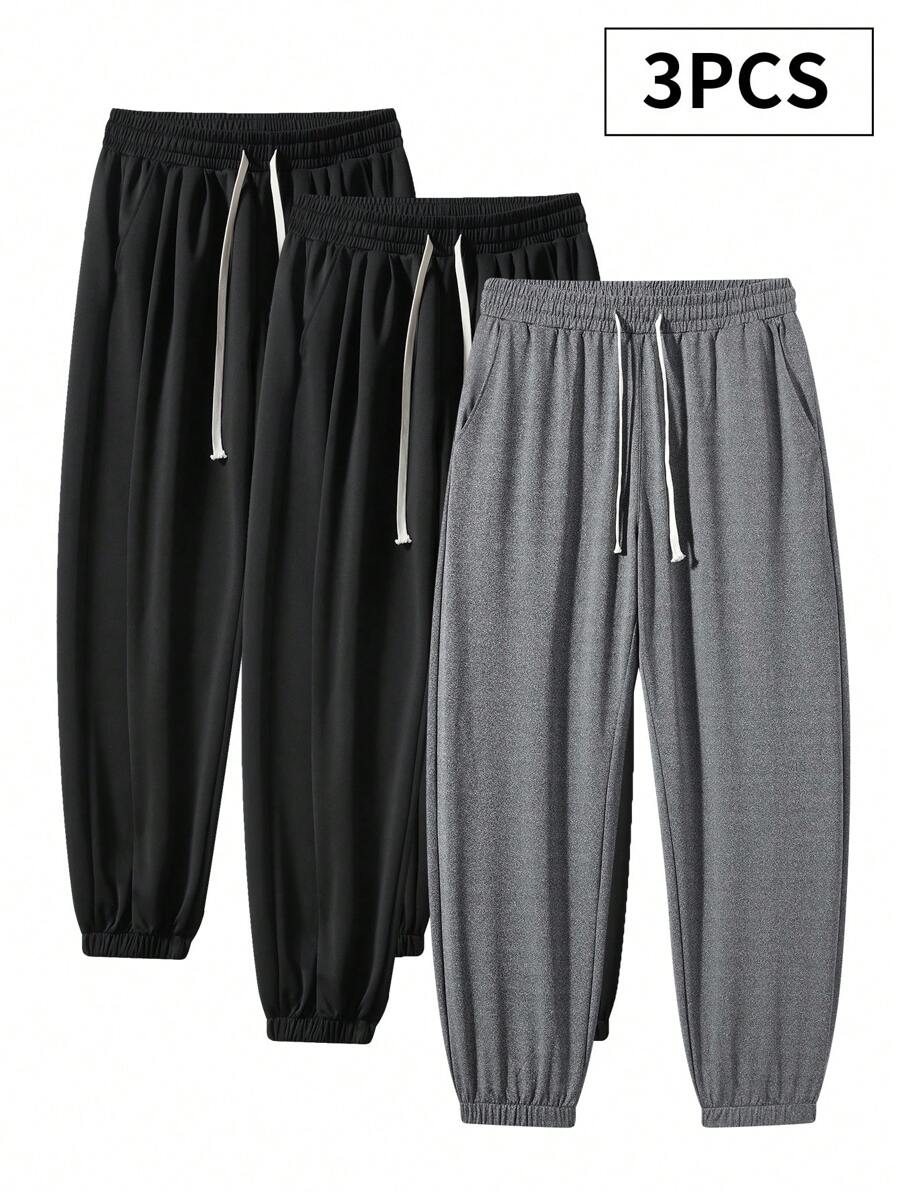 3pcs Men Plus Size Casual Jogger Sweatpants, Loose Solid Color Drawstring Ankles Sports Trousers