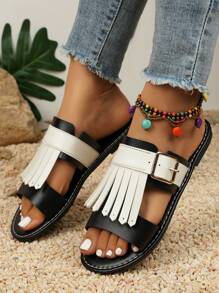 Giày Sandal Đế Bằng Có Trang Trí Tua Rua Cho Nữ, Giày Đi Biển Thường Ngày, Nhiều Màu Sắc - Đen và trắng - Xem 6