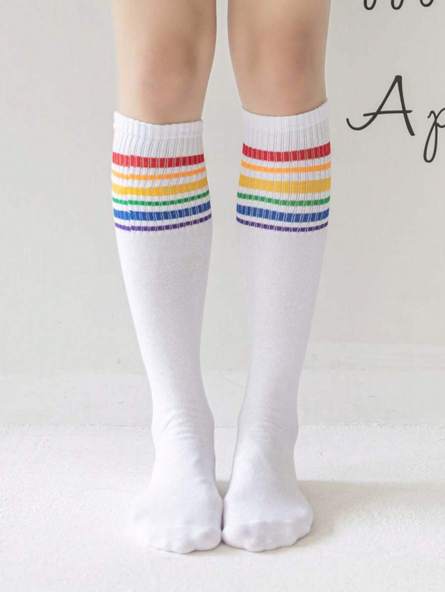 1/2/4 Pairs Women's White Rainbow Pattern Calf Socks - Multicolor - View 1