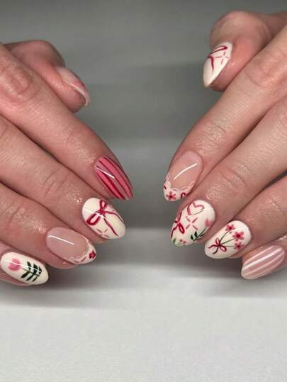 24 件套可爱短款杏仁形按压式指甲，带有花卉、条纹和蝴蝶结设计，适合女孩和女士日常佩戴、春夏季和派对场合美甲用品指甲